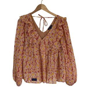 Simply Southern Womens Popover Blouse Size L‎ Floral Rust Yellow Boho Fall